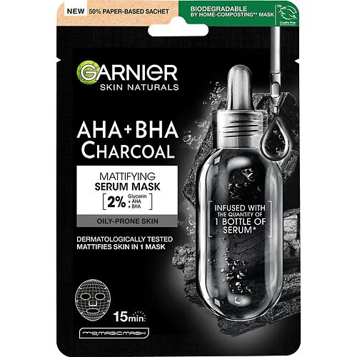 Maska za obraz Garnier Skin Naturals AHA + BHA Charcoal Mattifying Serum Mask 1 kos